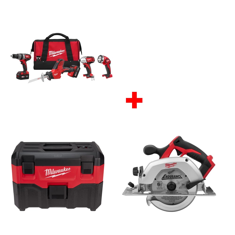 Milwaukee 2695-24 M18 4-Tool Combo Kit w/ FREE 0880-20 Wet/Dry Vacuum & Circ Saw