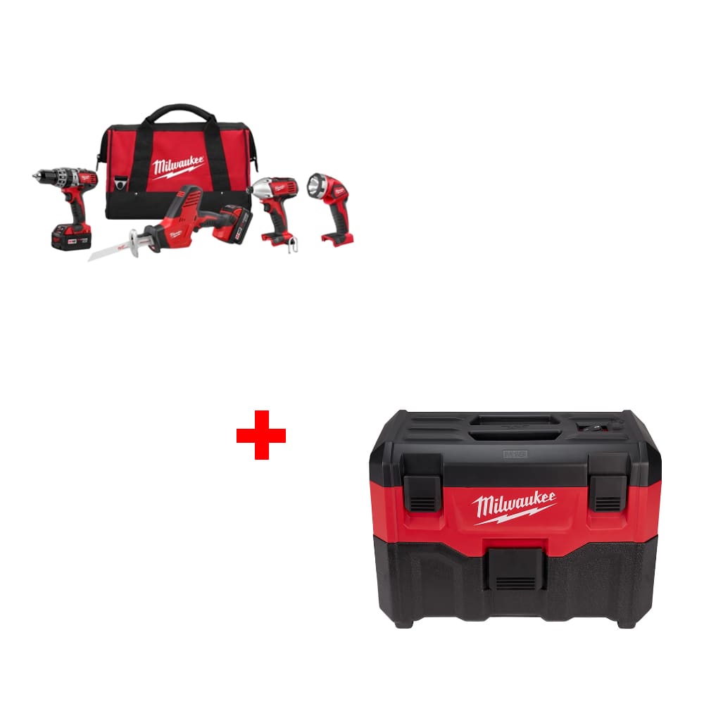 Milwaukee 2695-24 M18 4-Tool Combo Kit w/ Two FREE 0880-20 18V Wet/Dry Vacuums