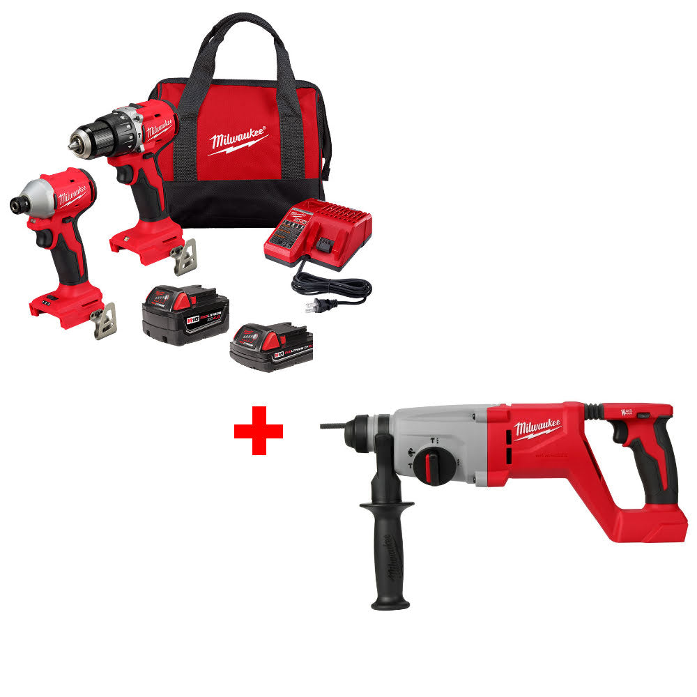 Milwaukee 3693-22CX M18 2-Tool Combo Kit W/ FREE 2613-20 M18 1" Rotary Hammer