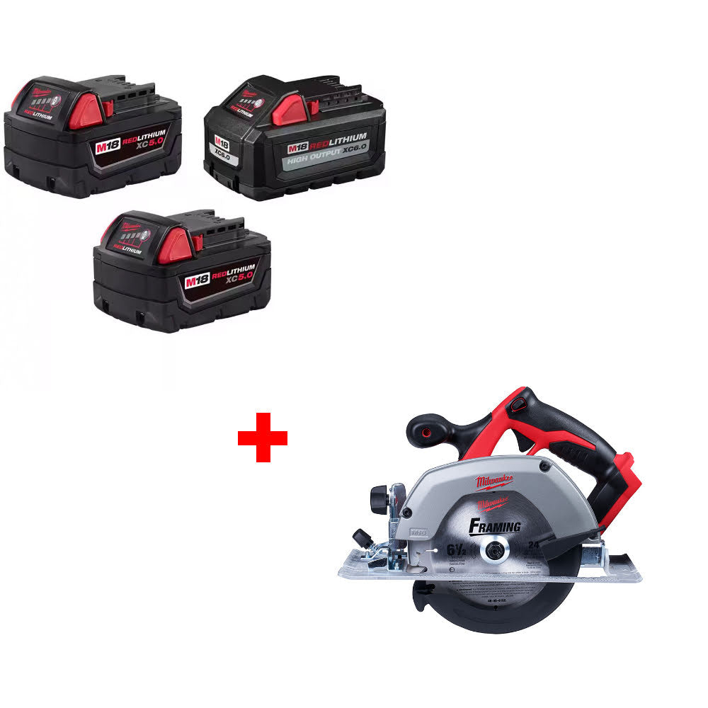 Milwaukee 48-11-1856 M18 18V Battery 3-Pack W/ FREE 2630-20 M18 18V Circ Saw