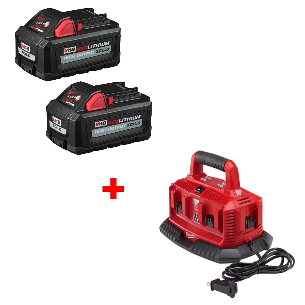 Milwaukee 48-11-1862 M18 XC6.0 Battery 2Pk w/ FREE 48-59-1806 M18 6Pk Charger