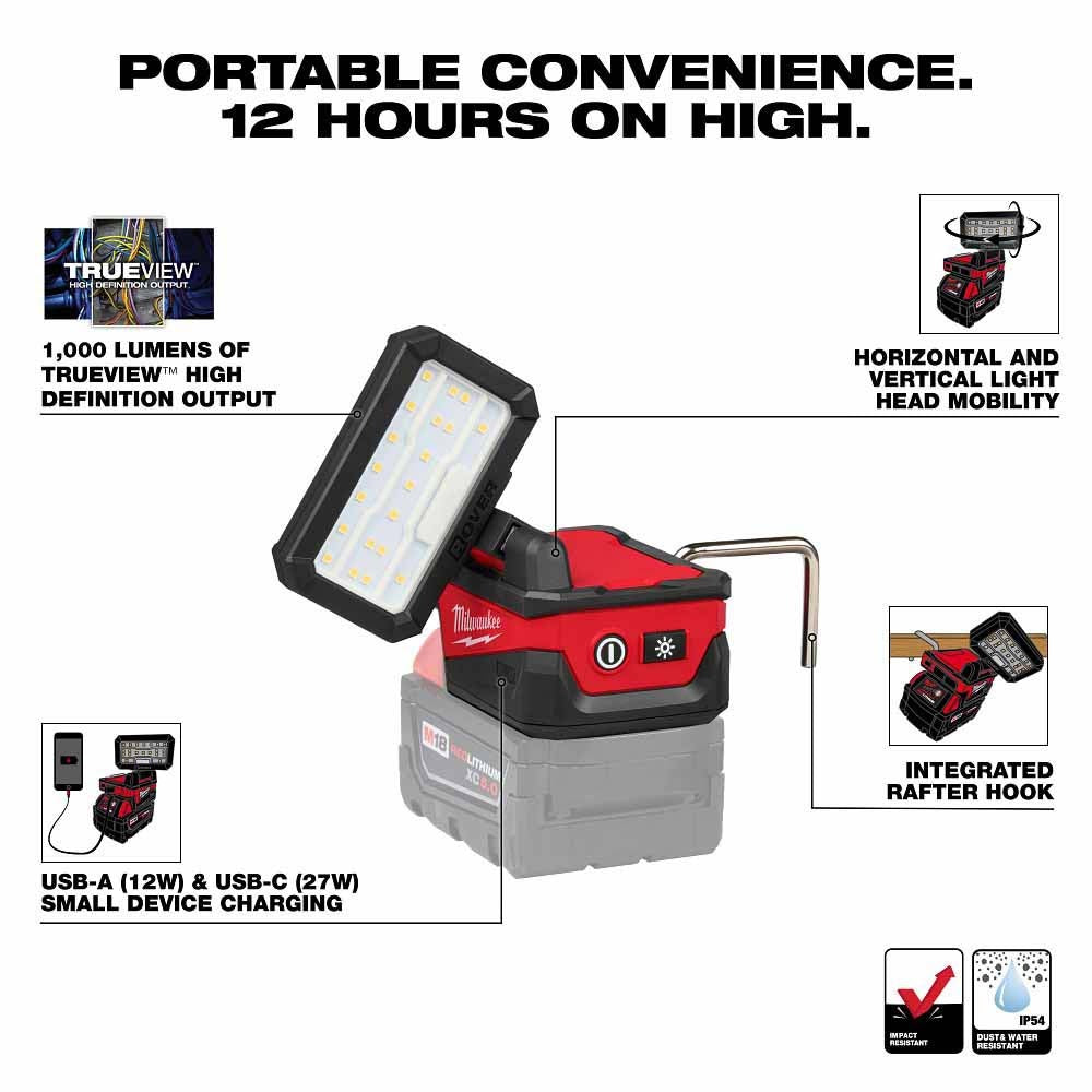 Milwaukee 2359-20 M18 ROVER Compact Folding Flood Light w/ USB Charging - 2