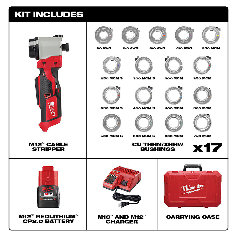 Milwaukee 2435CU-21S M12™ Cable Stripper Kit with 17 Cu THHN / XHHW Bushings - 2