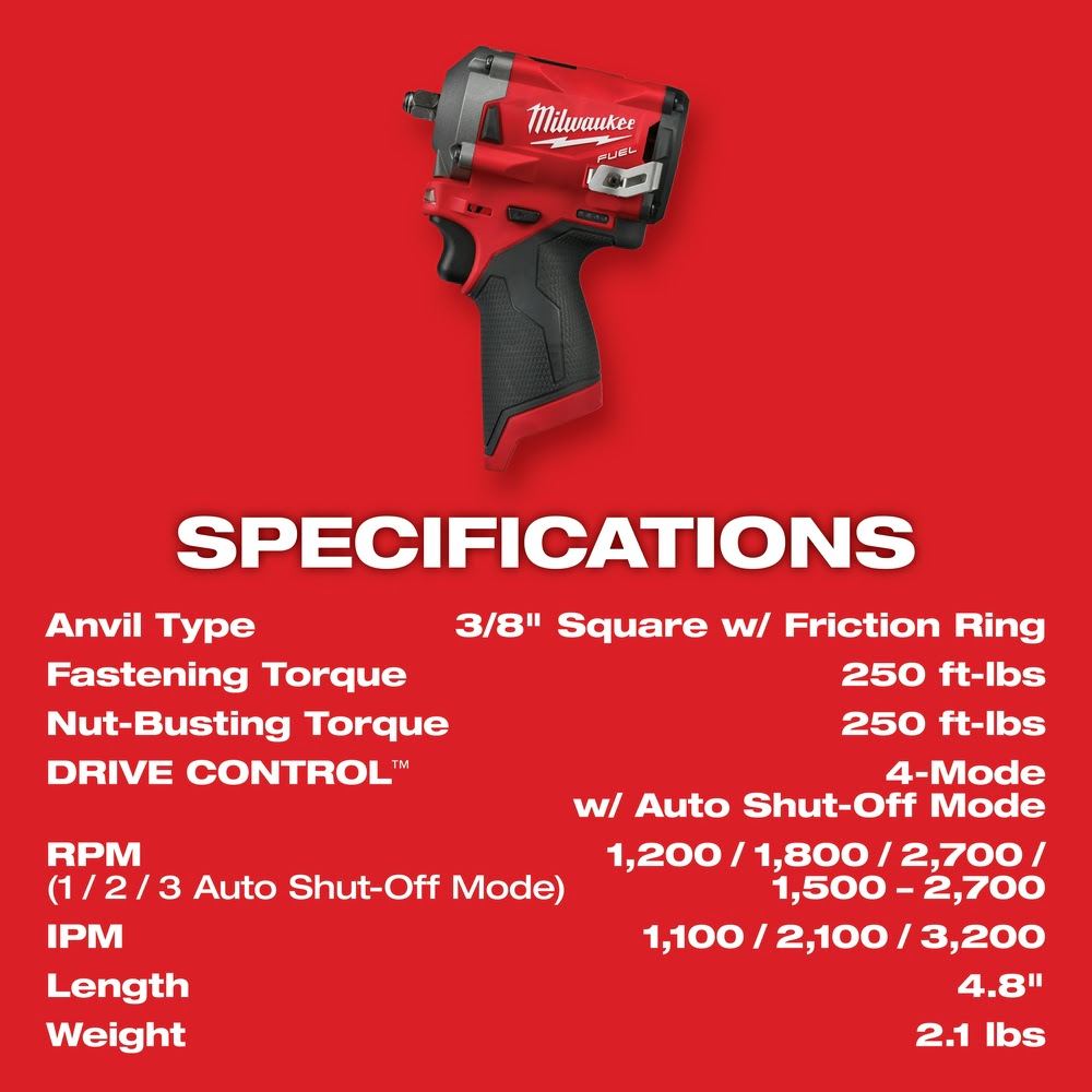 Milwaukee 2554-22 M12 FUEL Stubby 3/8" Impact Wrench Kit - 15