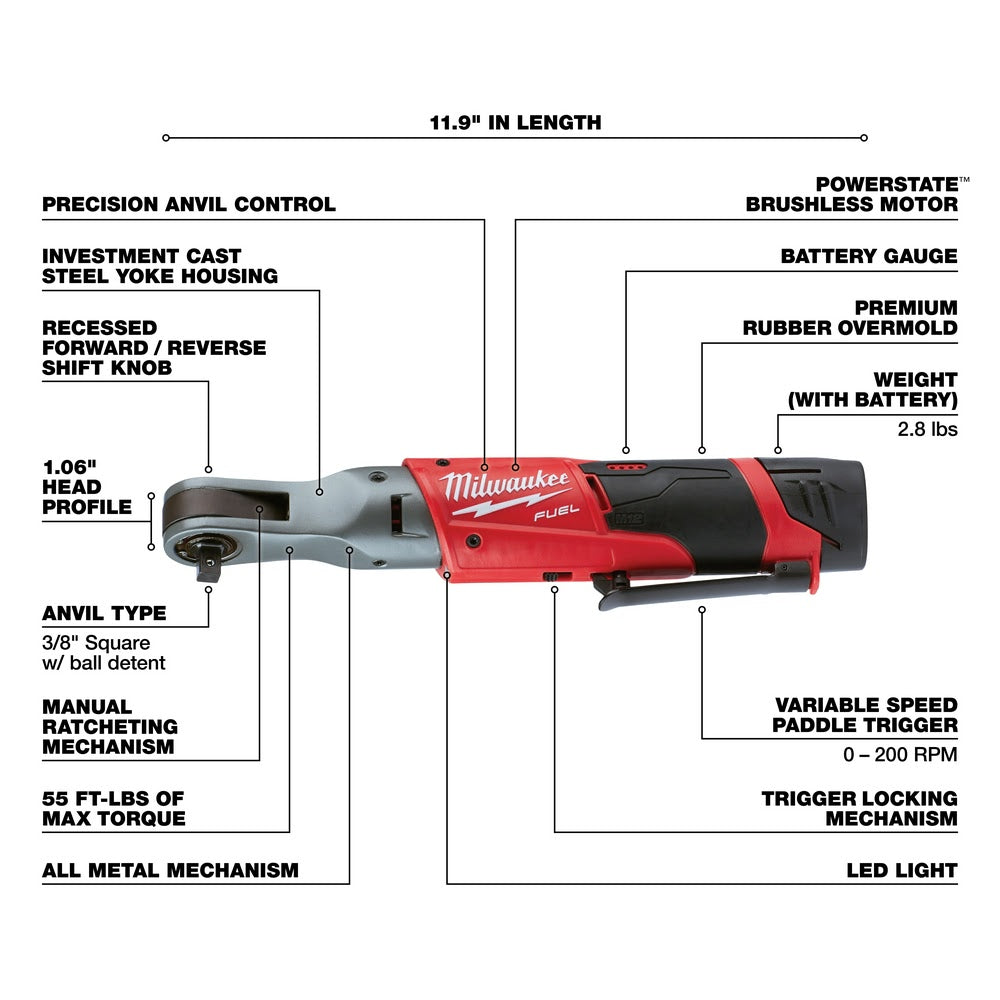 Milwaukee 2557-22 M12 FUEL 3/8" Ratchet 2 Battery Kit - 7