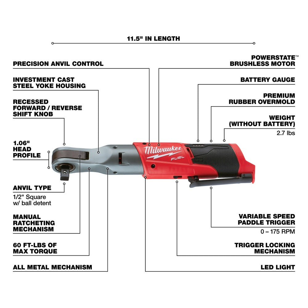 Milwaukee 2558-20 M12 FUEL 1/2" Ratchet Bare Tool - 4