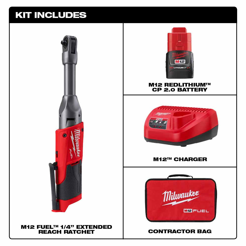 Milwaukee 2559-21 M12 FUEL 1/4" Extended Reach Ratchet 1 Battery Kit - 2