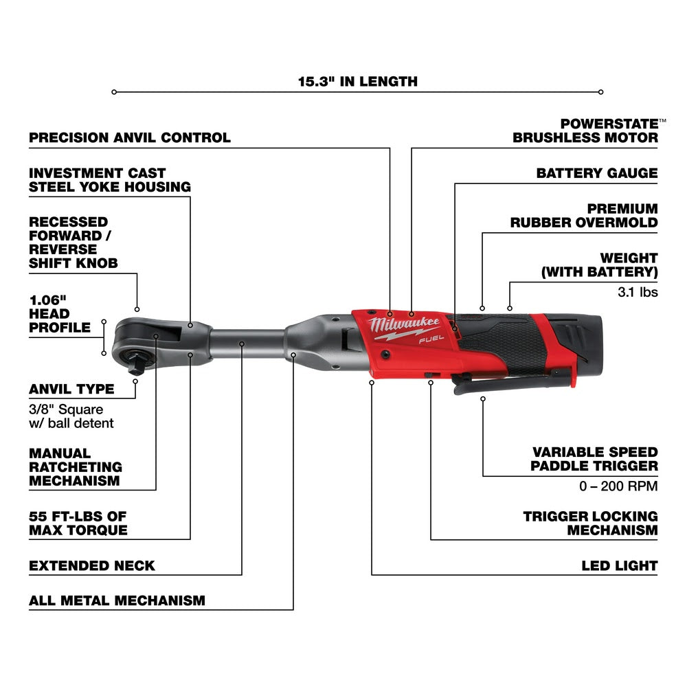 Milwaukee 2560-21 M12 FUEL 3/8" Extended Reach Ratchet 1 Battery Kit - 4