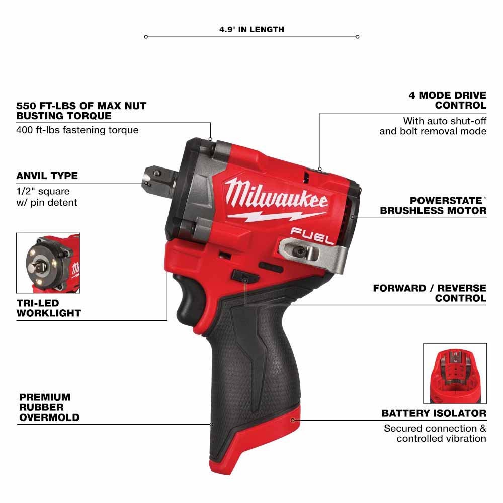 Milwaukee 2563P-20 M12 FUEL Stubby 1/2" Impact Wrench w/ Pin Detent - 3