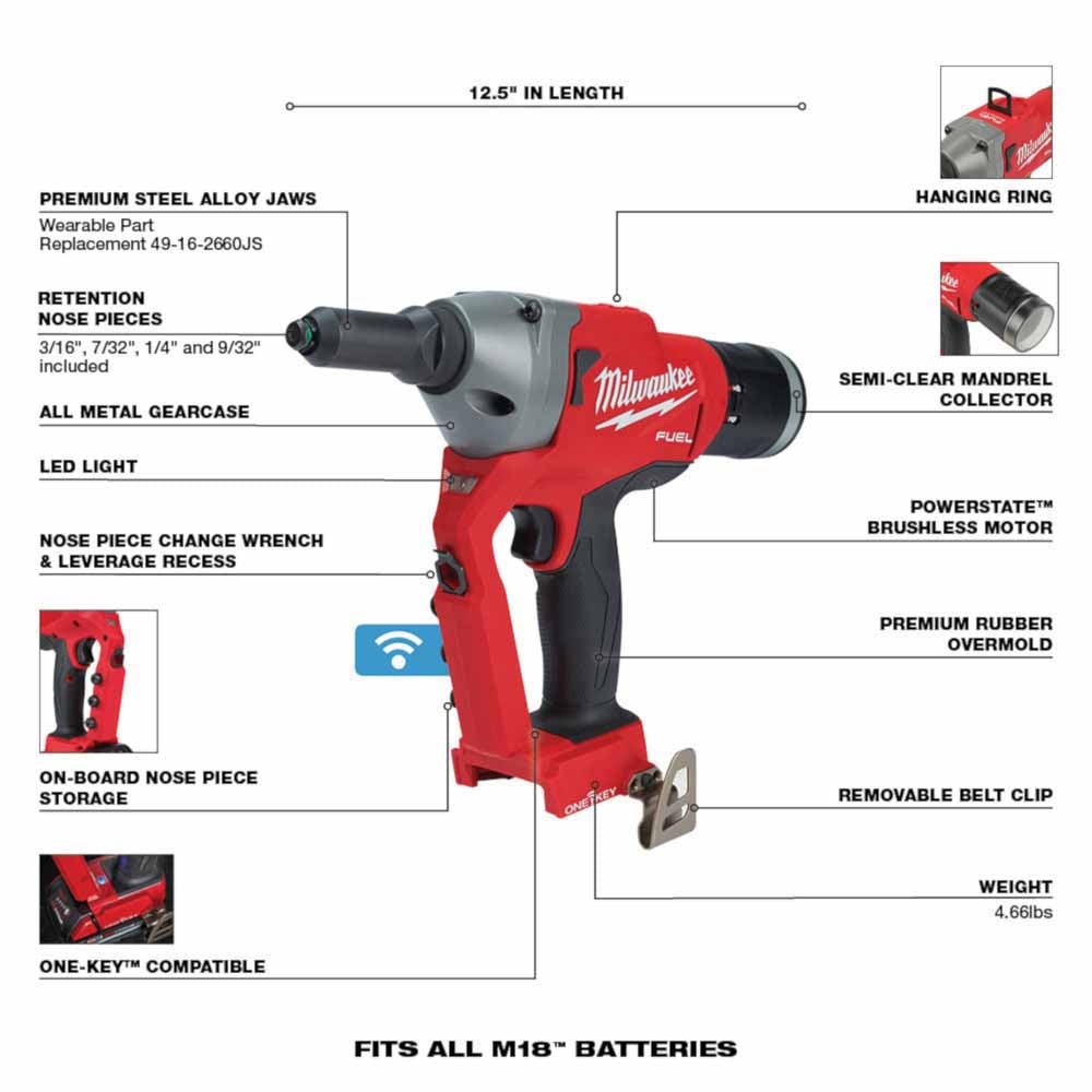 Milwaukee 2660-20 M18 FUEL™ 1/4" Blind Rivet Tool w/ ONE-KEY™ Bare Tool - 2