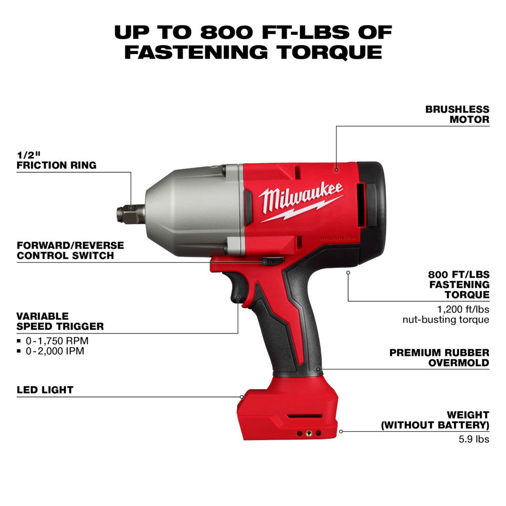 Milwaukee 2666-20 M18 Brushless 1/2" High Torque Impact Wrench w/ Friction Ring - 2