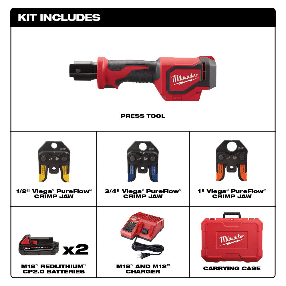 Milwaukee 2674-22P M18 Short Throw Press Tool Kit with Viega PureFlow Jaws - 2