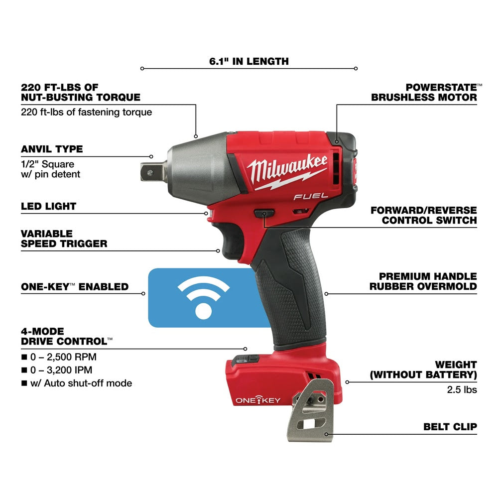 Milwaukee 2759-20 M18 FUEL 1/2" Compact Impact Wrench with Pin Detent with ONE-KEY (Bare Tool) - 4