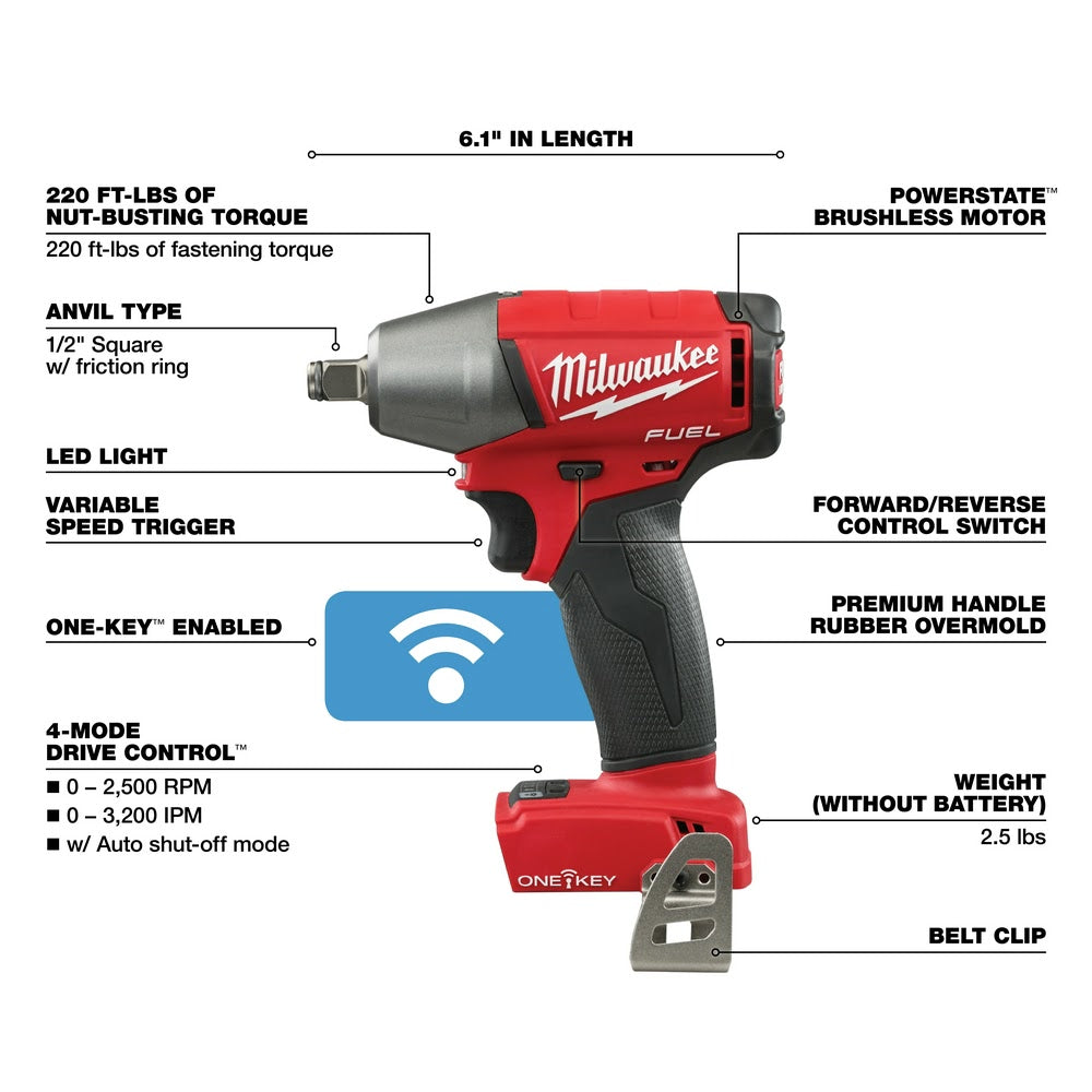 Milwaukee 2759B-20 M18 FUEL 1/2" Compact Impact Wrench with Friction Ring with ONE-KEY (Bare Tool) - 4