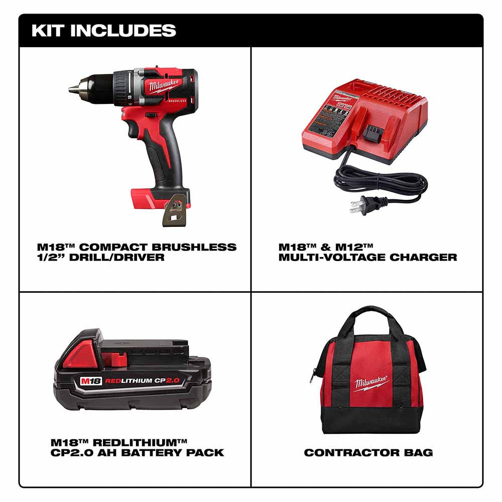 Milwaukee 2801-21P M18 CP Brushless Drill Kit - (1) CP2.0 Battery Pack - 3