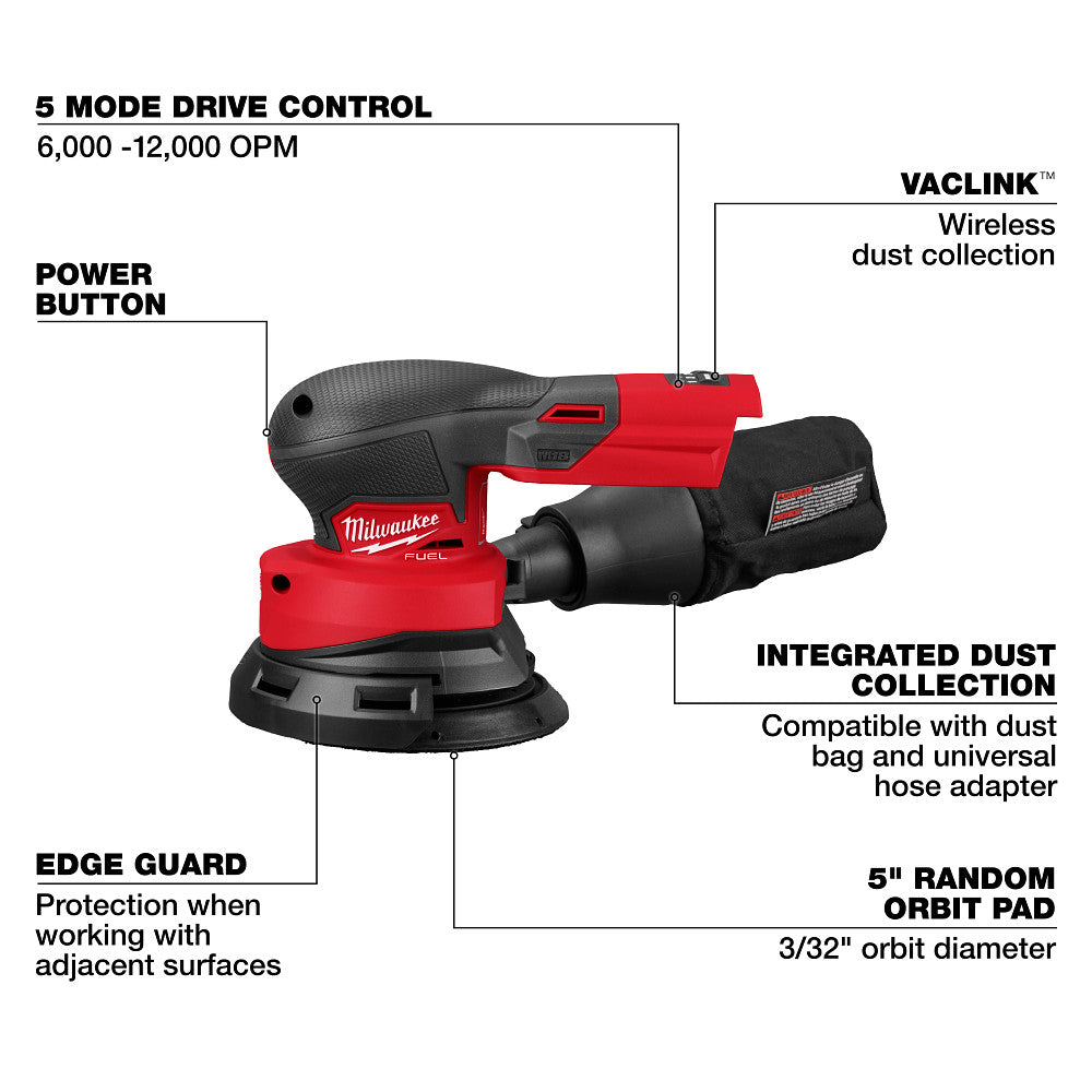 Milwaukee 2837-20 M18 FUEL 5" Random Orbital Sander with Brushless Motor - 2