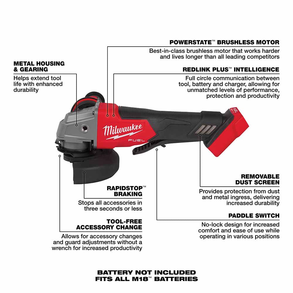 Milwaukee 2880-20 M18 FUEL™ 4-1/2" / 5" Grinder Paddle Switch, No-Lock - 7