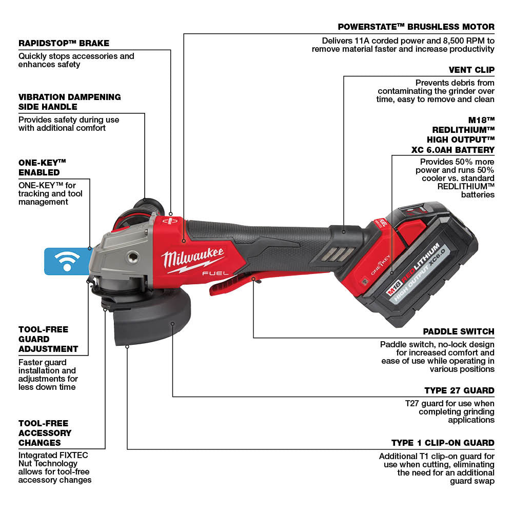 Milwaukee 2882-22 M18 FUEL™ 4-1/2" / 5" Braking Grinder w/ ONE-KEY™  Paddle Switch, No-Lock Kit - 18