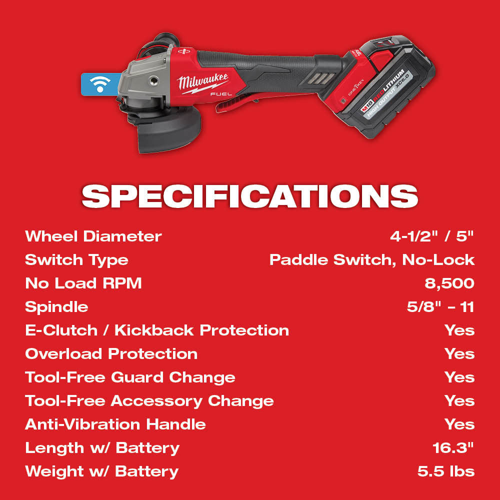 Milwaukee 2882-22 M18 FUEL™ 4-1/2" / 5" Braking Grinder w/ ONE-KEY™  Paddle Switch, No-Lock Kit - 20