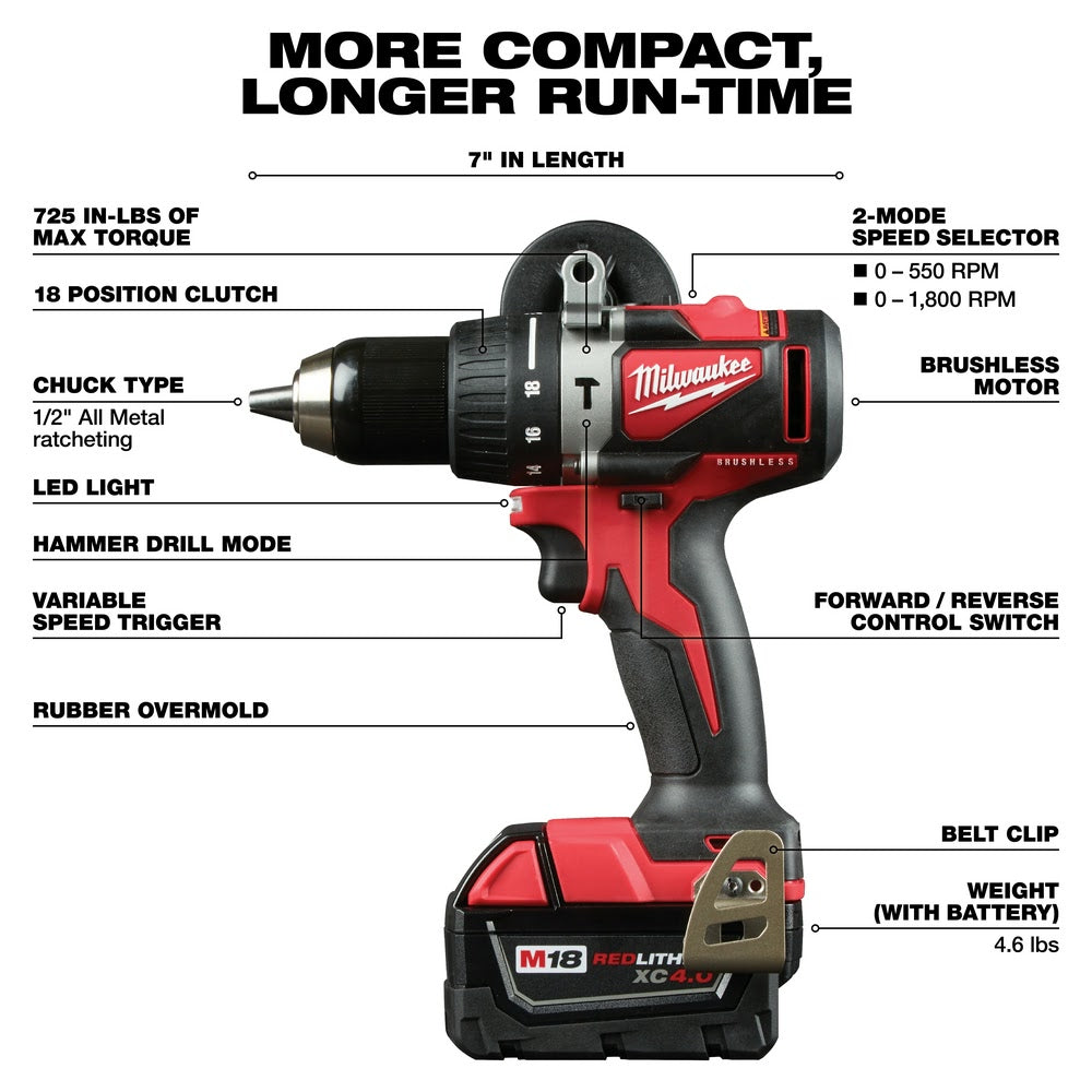 Milwaukee 2902-22 M18 Brushless 1/2" Hammer Drill Kit - 6