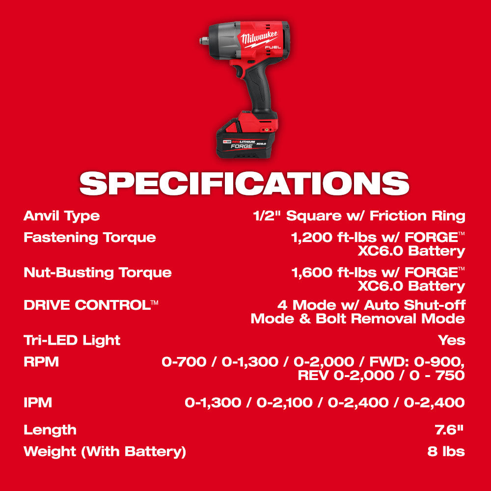 Milwaukee 2967-21F M18 FUEL 1/2" High Torque Impact Wrench w/ Friction Ring REDLITHIUM FORGE Kit - 8