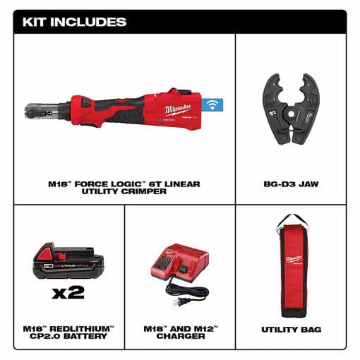 Milwaukee 2978-22BG M18™ FORCE LOGIC™ 6T Linear Utility Crimper Kit w/ BG-D3 Jaw - 6