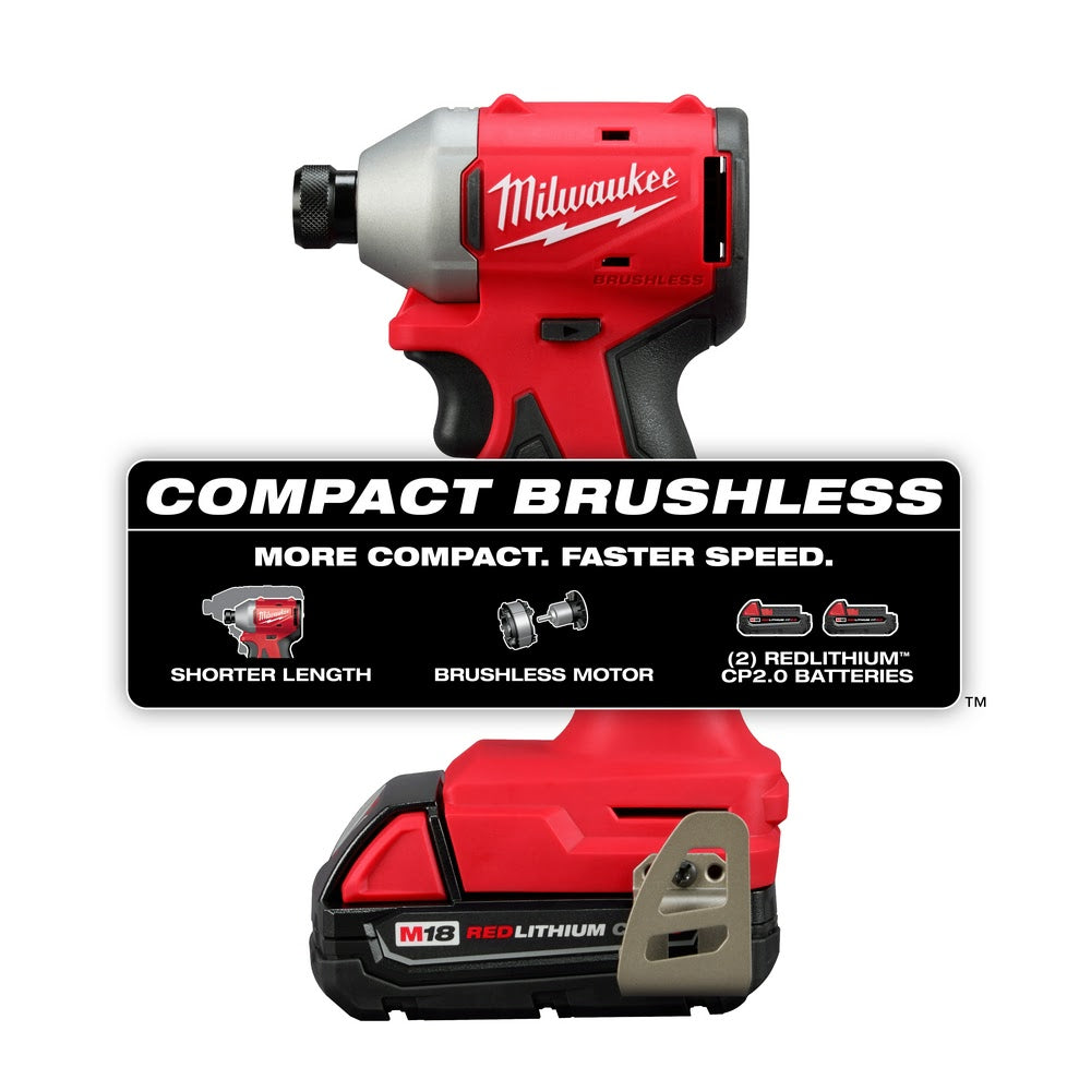 Milwaukee 3650-22CT M18 Compact Brushless 1/4" Hex Impact Driver Kit - 2