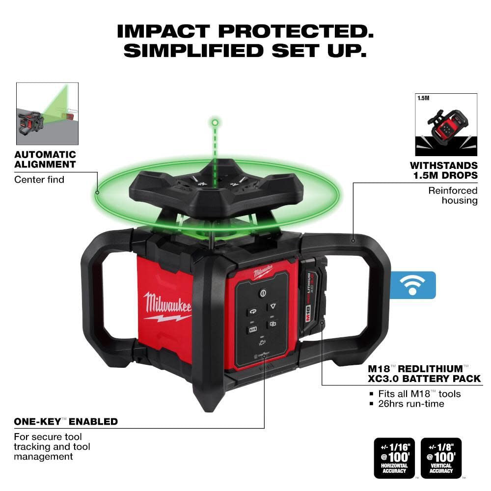 Milwaukee 3702-21 M18 Green Interior Rotary Laser Level Kit w/ Remote/Receiver & Wall Mount Bracket - 2