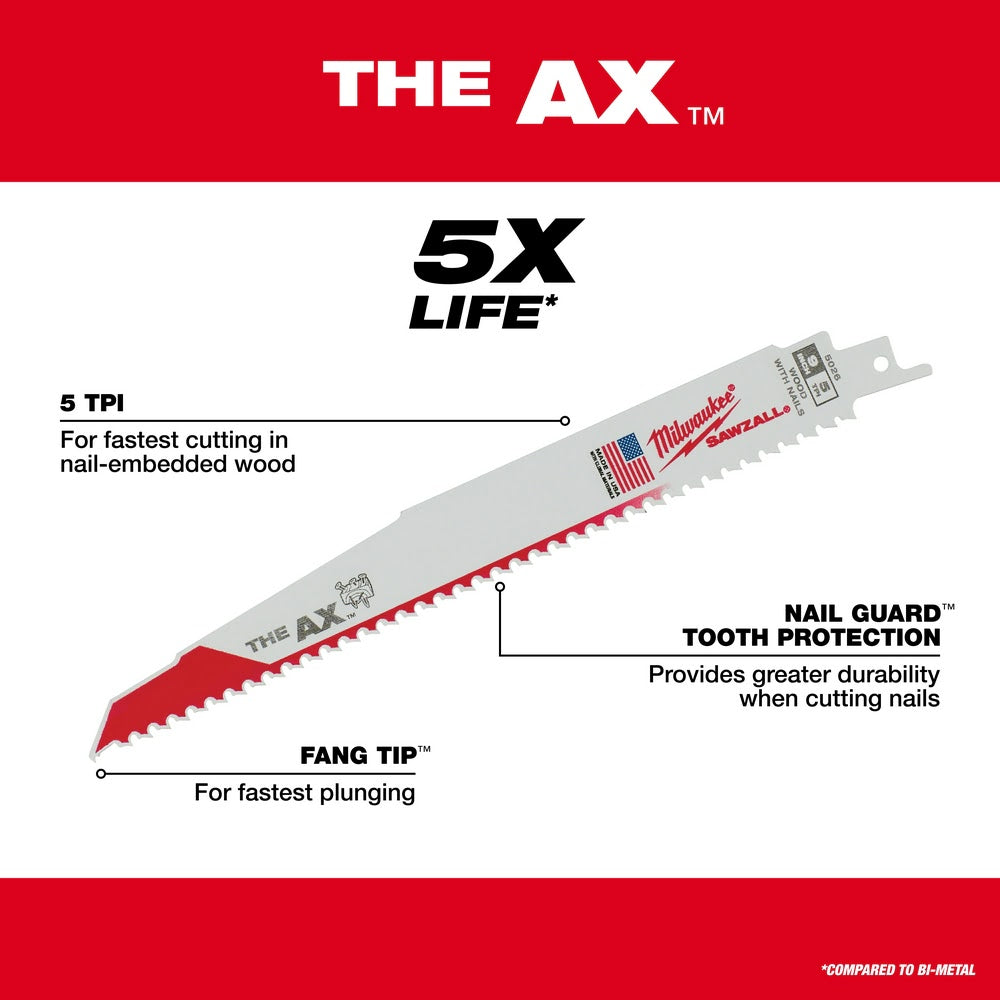 Milwaukee 48-00-5026 9" x 5 TPI Bi-Metal AX Super Sawzall Blade 5-Pack - 6