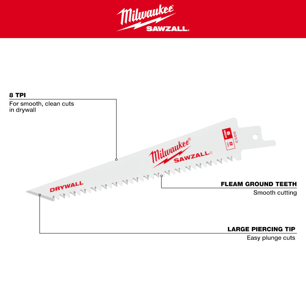 Milwaukee 48-00-5053 6” 8TPI Drywall SAWZALL Blades (3 pk) - 4