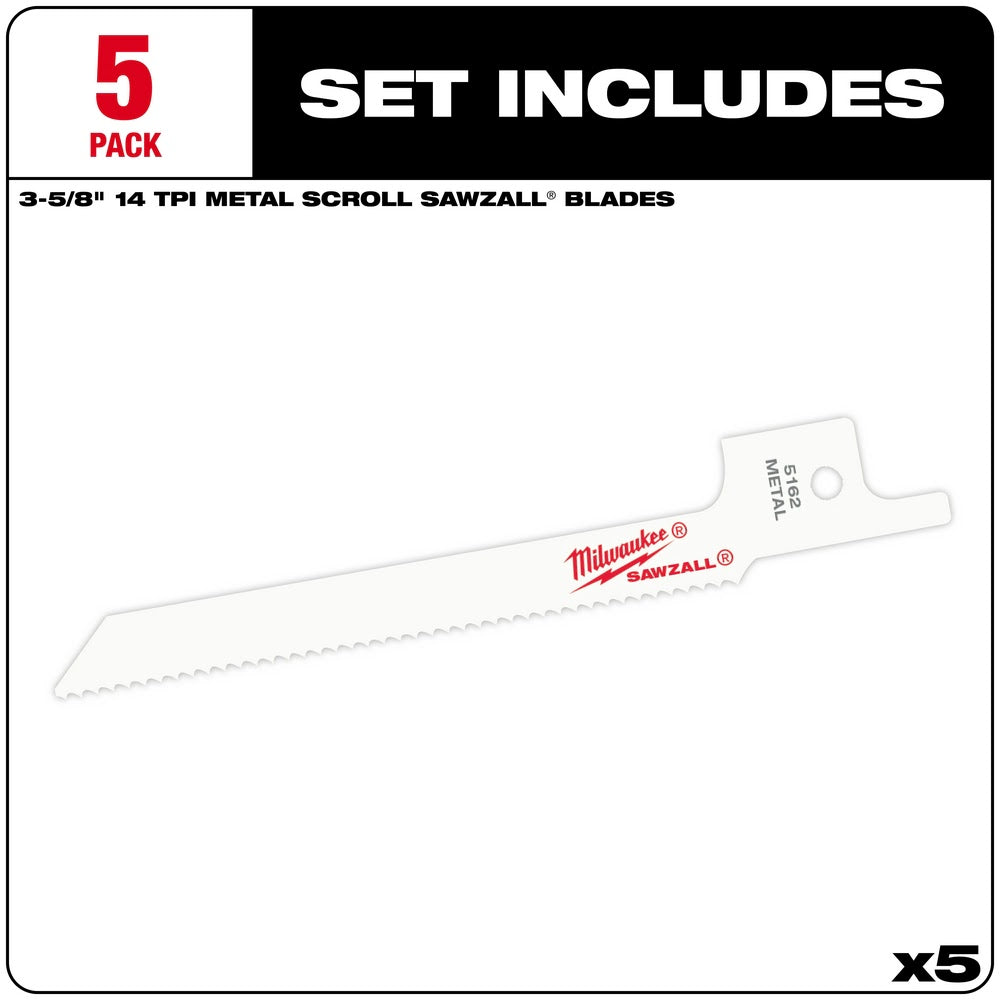 Milwaukee 48-00-5162 3-5/8" x 14TPI Bi-Metal Super Sawzall Blade - 2