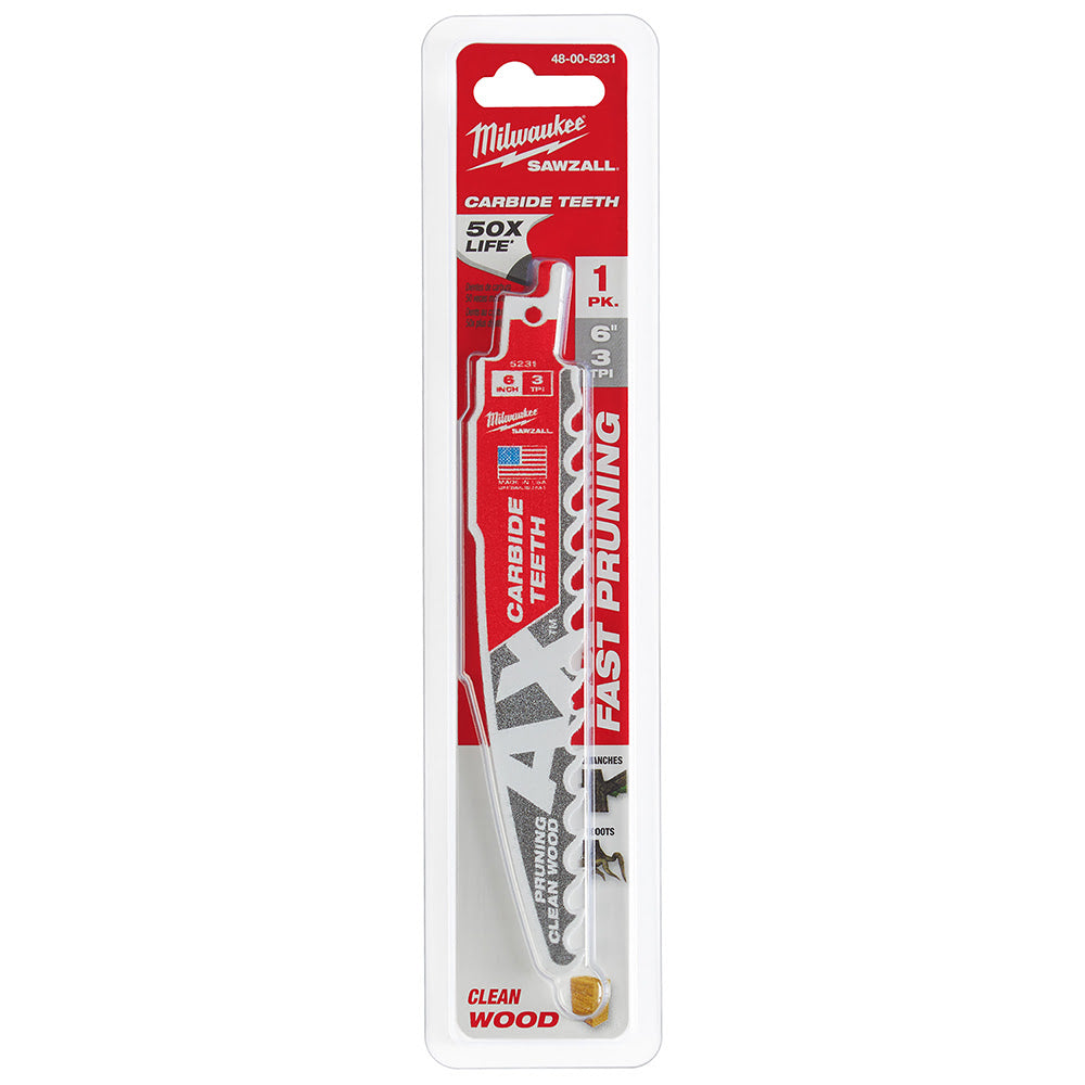 Milwaukee 48-00-5231 6" 3 TPI The AX™ with Carbide Teeth for Pruning & Clean Wood SAWZALL® Blade 1PK - 10