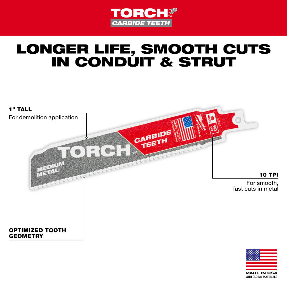 Milwaukee 48-00-5251 6" Reciprocating Saw Blade 10TPI The TORCH with Carbide Teeth for Medium Metal 1PK