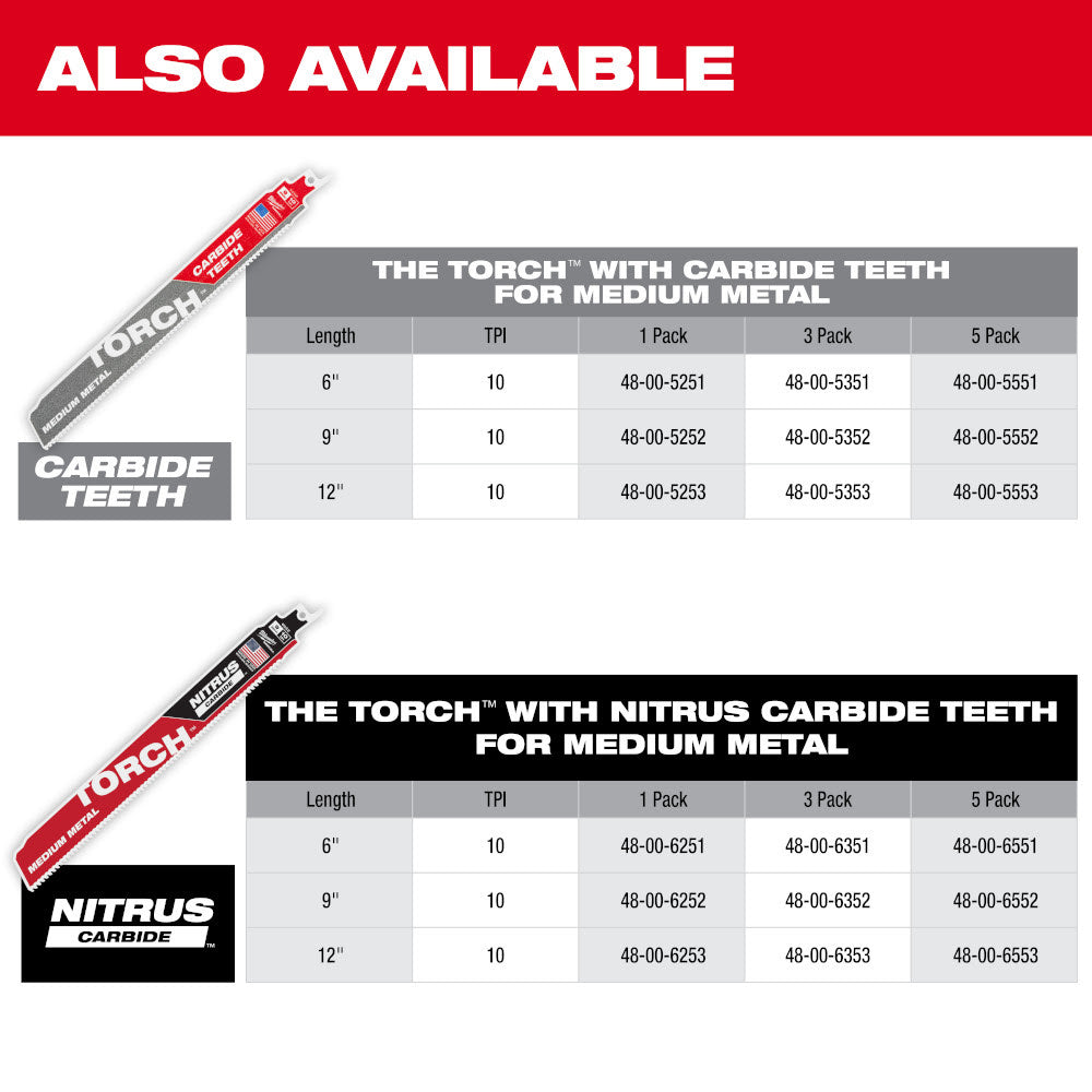 Milwaukee 48-00-5251 6" Reciprocating Saw Blade 10TPI The TORCH with Carbide Teeth for Medium Metal 1PK