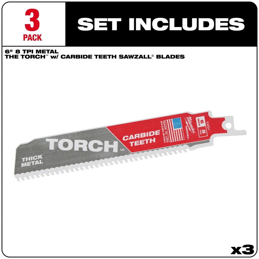 Milwaukee 48-00-5301 6" 7TPI Torch Metal Cutting Sawzall Blade with Carbide Teeth, 3 Pack - 2