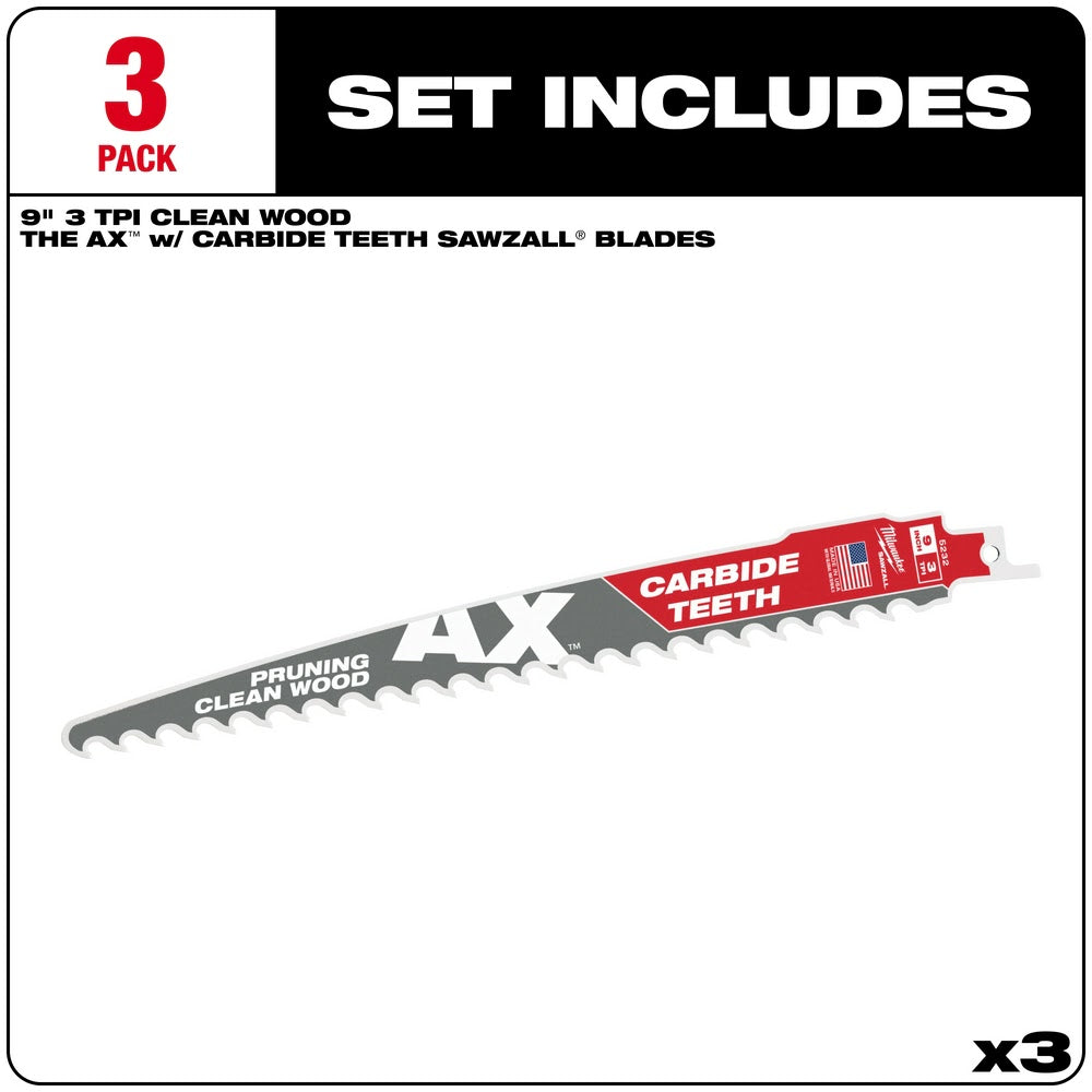 Milwaukee 48-00-5332 9" 3 TPI The AX™ with Carbide Teeth for Pruning & Clean Wood SAWZALL® Blade 3PK - 2