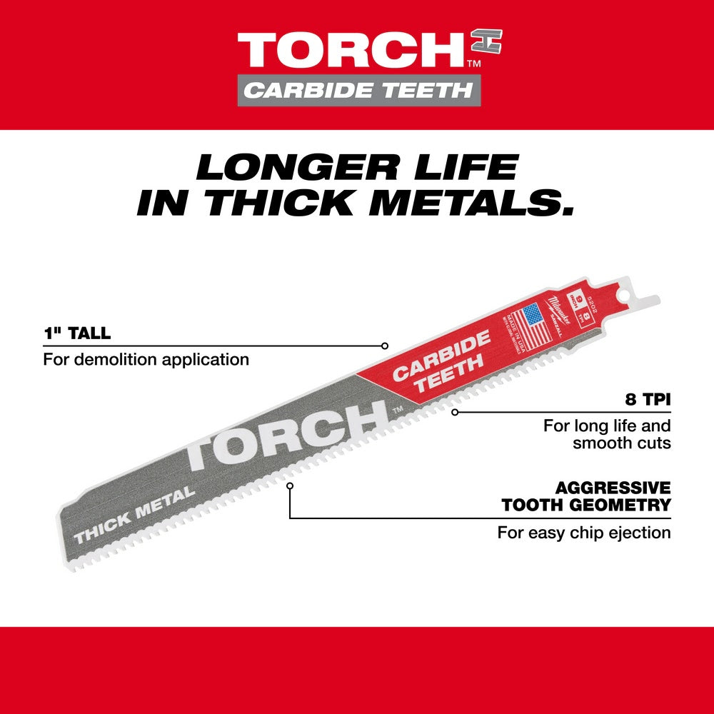 Milwaukee 48-00-5501 6" 7TPI Torch Metal Cutting Sawzall Blade with Carbide Teeth, 5 Pack - 6