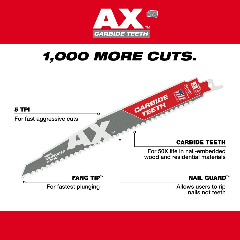 Milwaukee 48-00-5521 6" 5TPI AX with Carbide Teeth Sawzall Blade, 5 Pack - 6