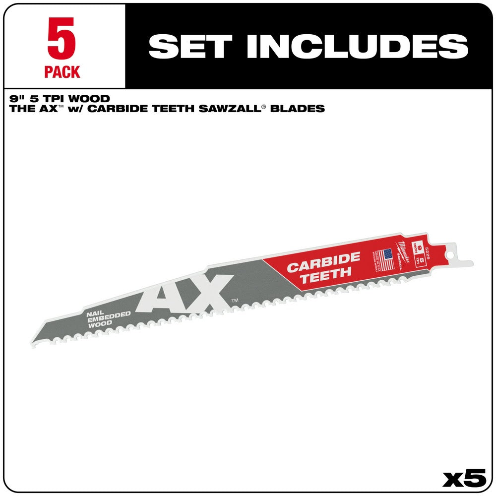 Milwaukee 48-00-5526 9" 5TPI AX with Carbide Teeth Sawzall Blade, 5 Pack - 2