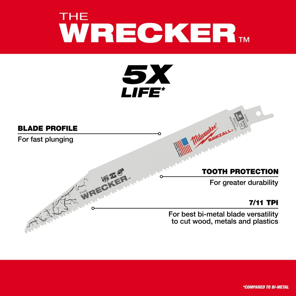 Milwaukee 48-00-5711 WRECKER Multi-Material SAWZALL Blade 12" 7/11TPI 5 Pack - 6