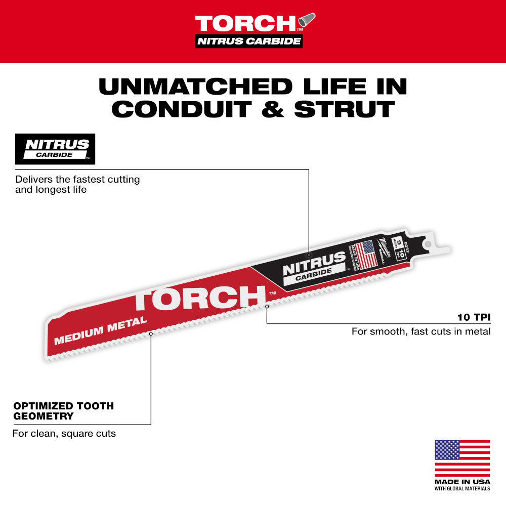 Milwaukee 48-00-6252  9" Reciprocating Saw Blade10TPI The TORCH with NITRUS CARBIDE Teeth for Medium Metal 1PK  - 5