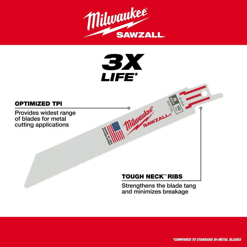 Milwaukee 48-00-8184 Super Sawzall Blade 18 Teeth per Inch 6-Inch Length, 25 Pack - 6