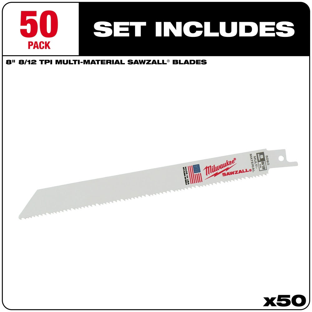 Milwaukee 48-01-6093 8" x 8/12TPI Bi-Metal Super Sawzall Blade (50 Pack) - 2