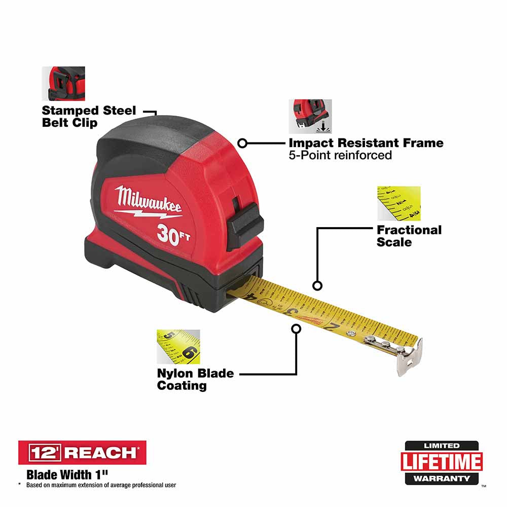 Milwaukee 48-22-6630 30' Compact Tape Measure - 2