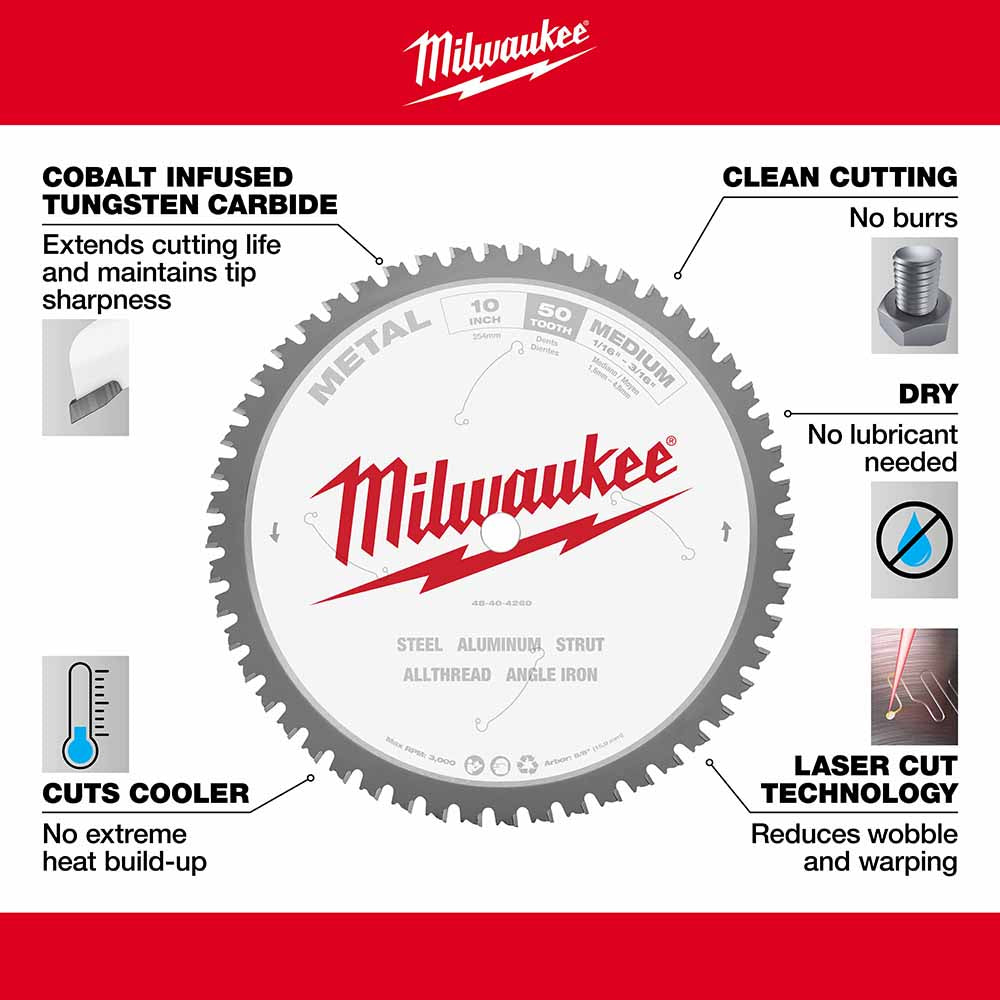 Milwaukee  48-40-4260 10" 50T METAL CSB, 5/8" - 4