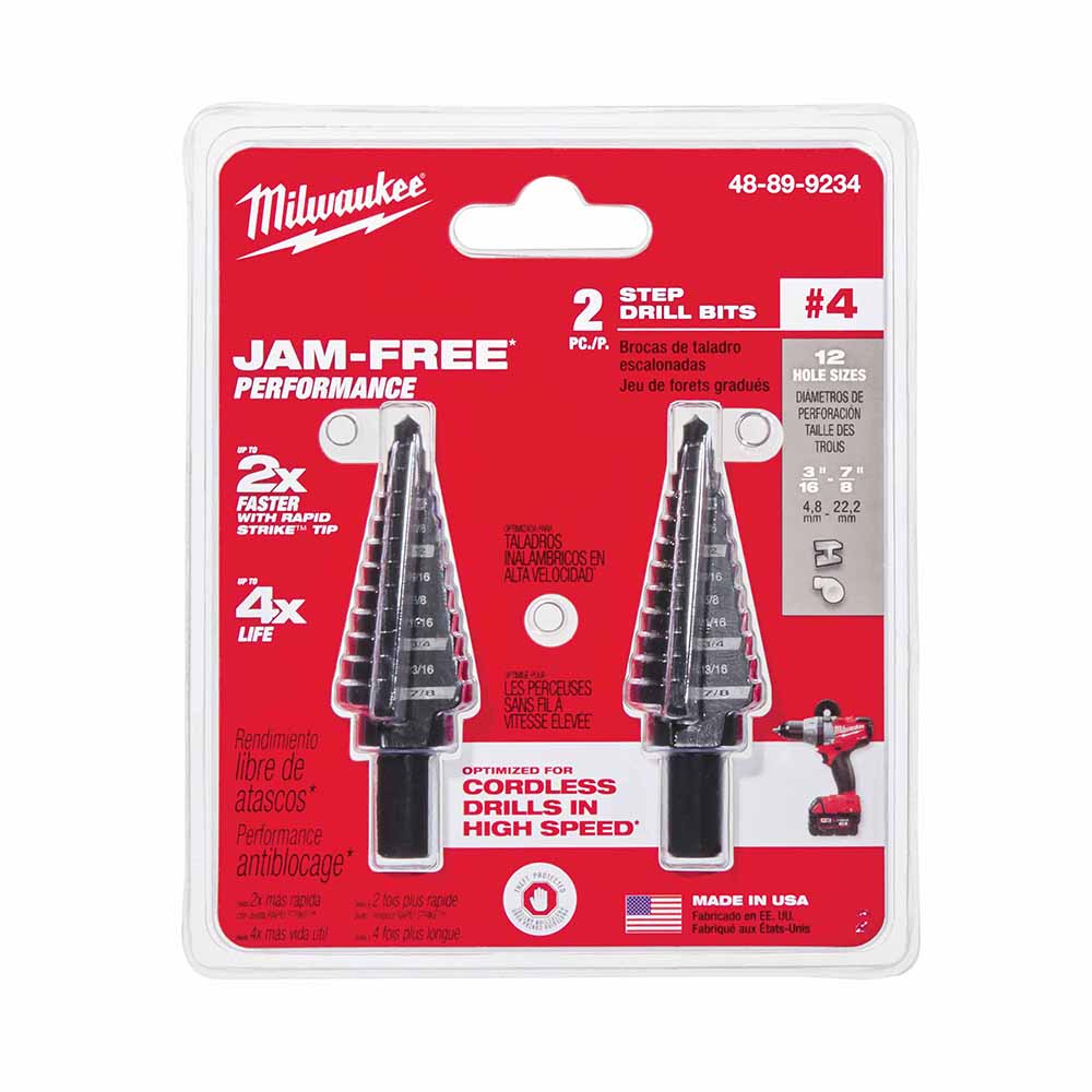 Milwaukee 48-89-9234 2 Piece #4 Step Drill Bit Set, 3/16" - 7/8" - 8