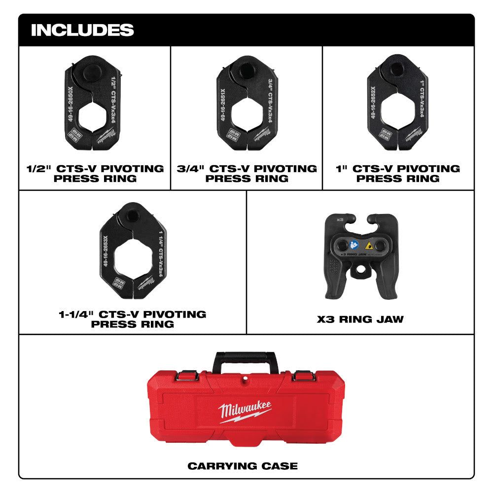 Milwaukee 49-16-2490X 1/2" - 1-1/4" CTS-V Pivoting Press Ring Kit for M12 FORCE LOGIC Press Tool