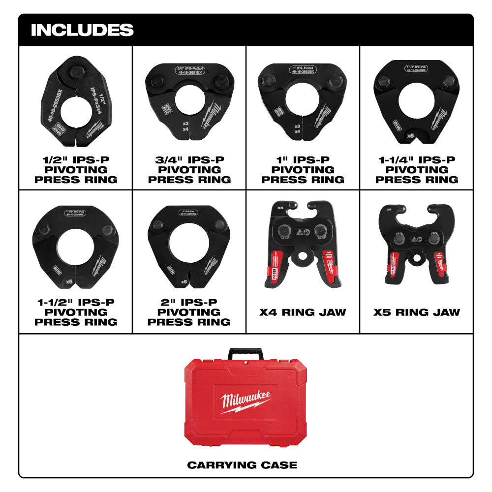 Milwaukee 49-16-2697X 1/2" - 2" IPS-P Pivoting Press Ring Kit for M18 FORCE LOGIC Press Tools