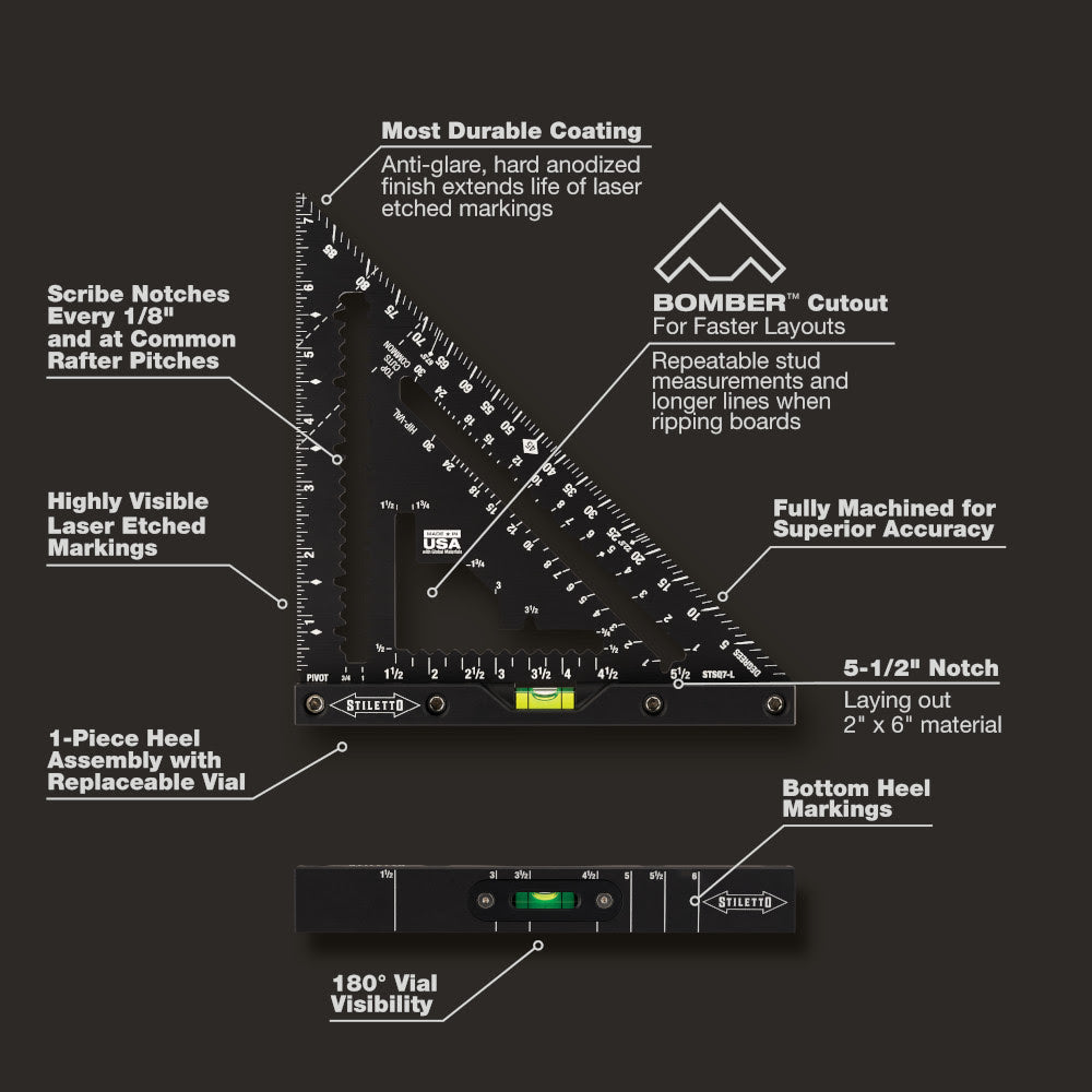 Stiletto STSQ7-L 7" Carpenter Square with Level - 2