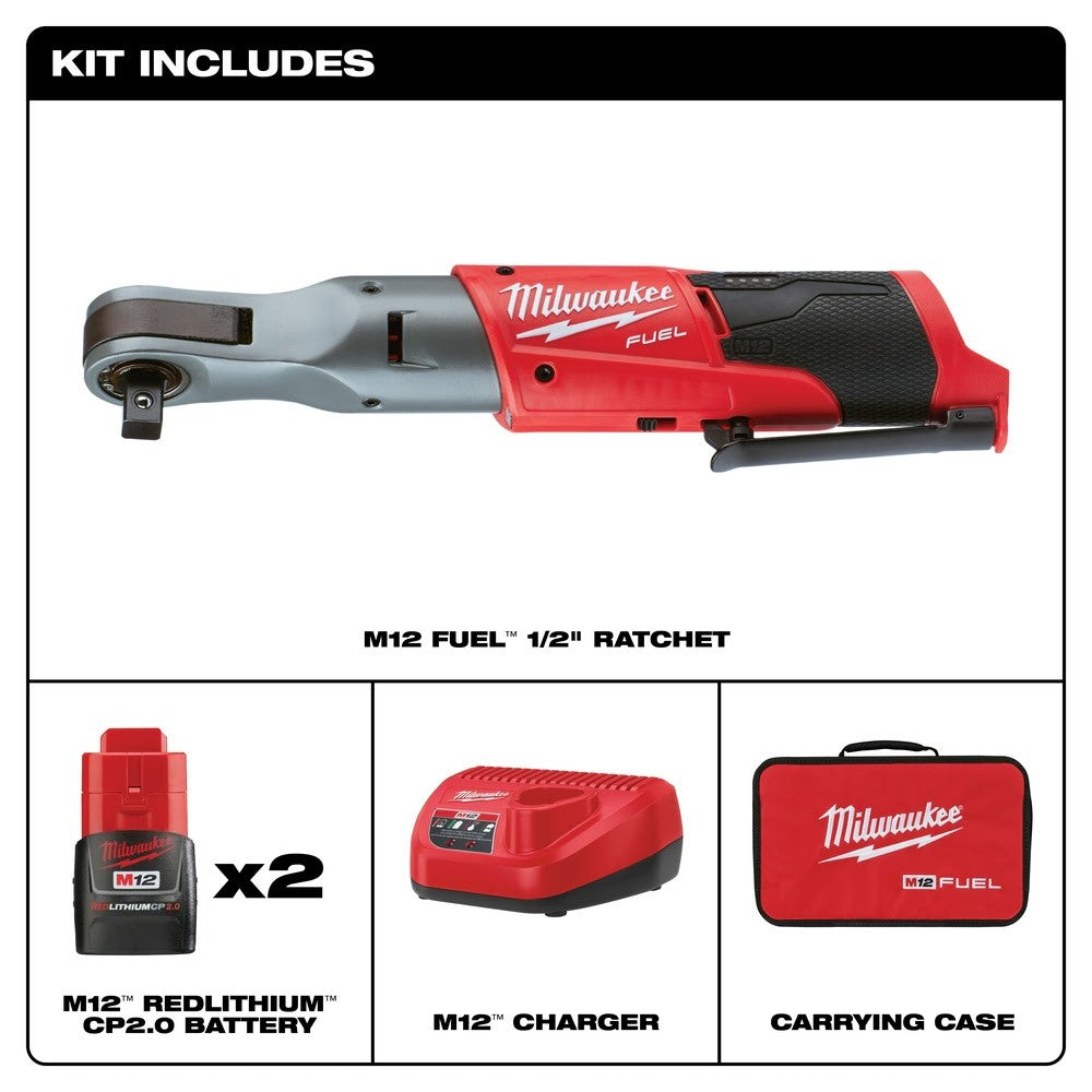 Milwaukee M12 FUEL 1/2 Ratchet with 2 Batteries and Charger Kit 2558-22